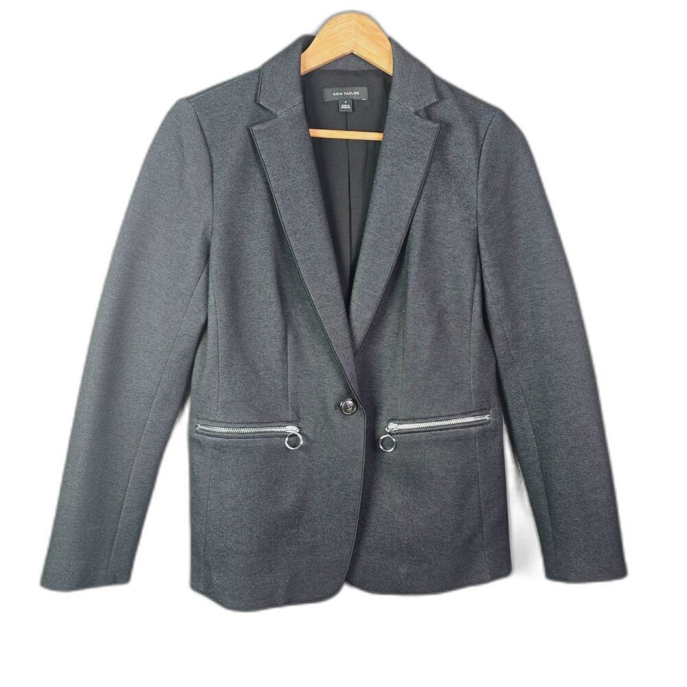 Ann Taylor Textured Blazer Gray 4 Zipper Pocket Stretch Minimalist Workwear